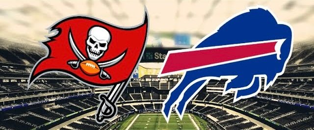 Split image featuring the Tampa Bay Buccaneers flag logo and the Buffalo Bills charging buffalo logo, overlaid on a stadium background.