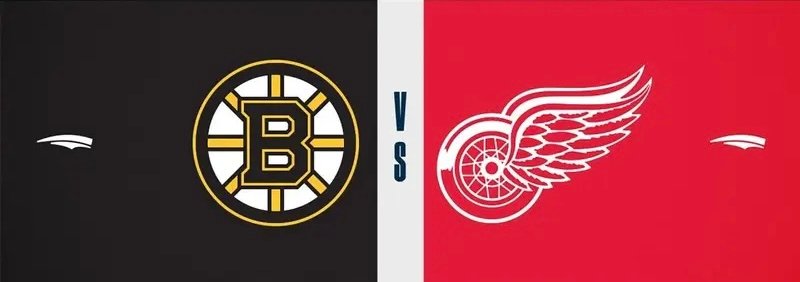 Split graphic featuring the Boston Bruins 'B' spoked logo on a black background and the Detroit Red Wings winged wheel logo on a red background, with V S centered between them